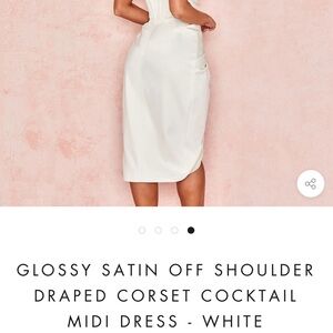 House of CB - GLOSSY SATIN OFF SHOULDER
DRAPED CORSET COCKTAIL
MIDI DRESS